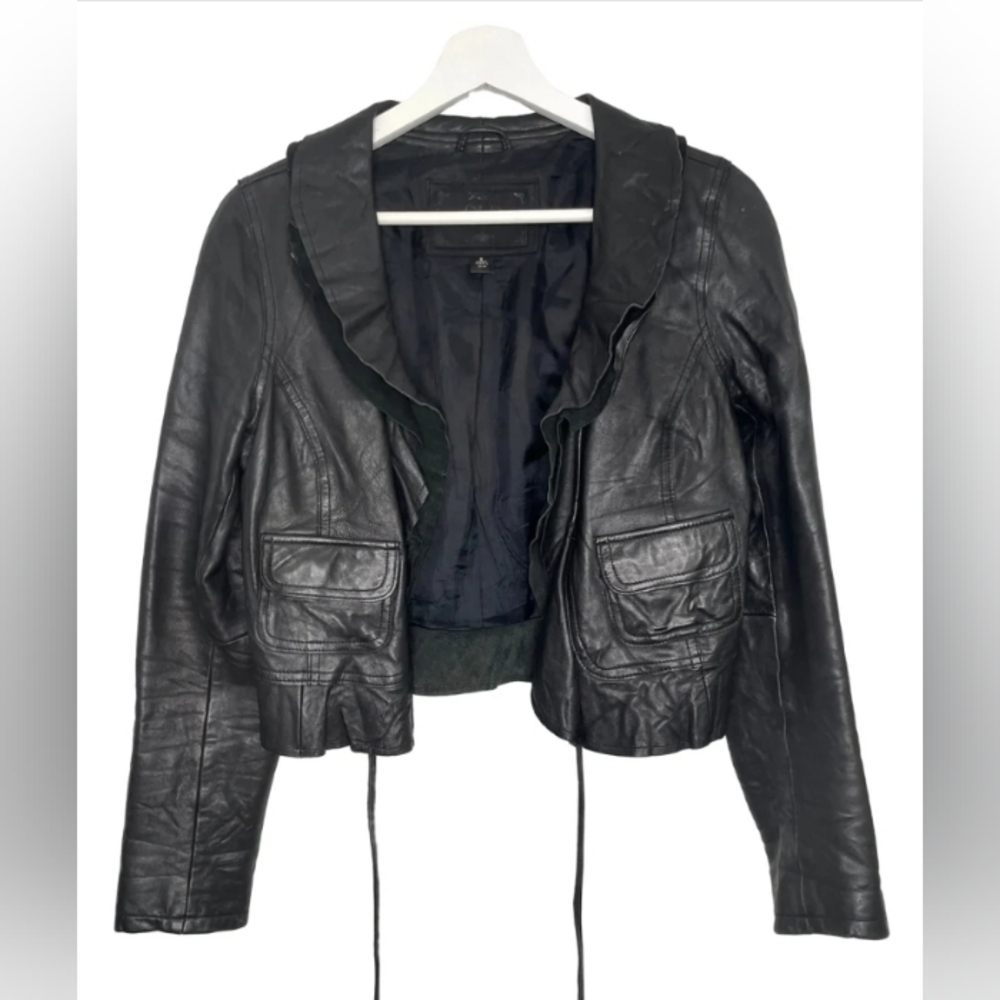 Vintage Old Navy Black Ruffled Leather Crop Jacket